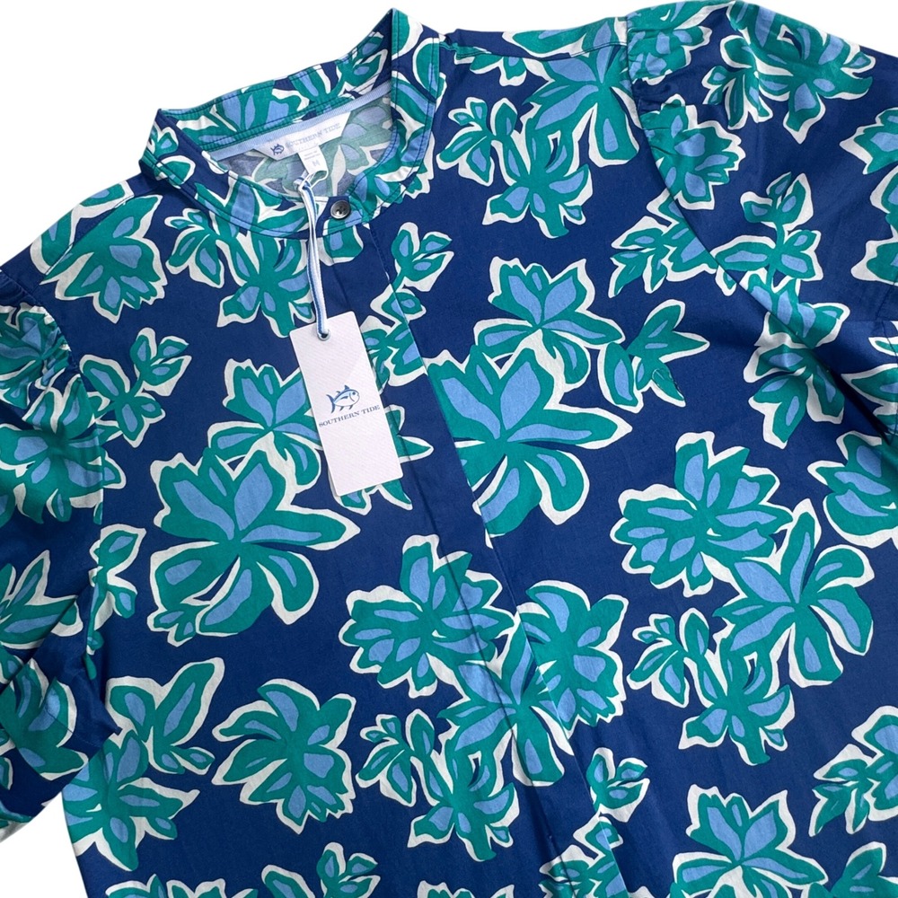 Southern Tide Payge Poplin Top Women M Blue Floral Short Puff Sleeve Blouse NEW